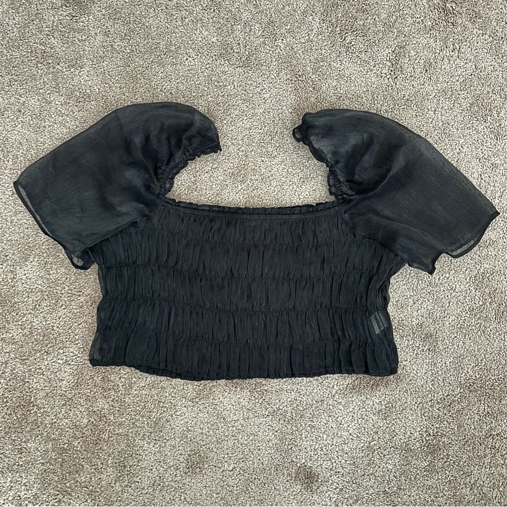 PrettyLittleThing Black Sheer Babydoll Princess Flutter Sleeve Crop Top Size 16